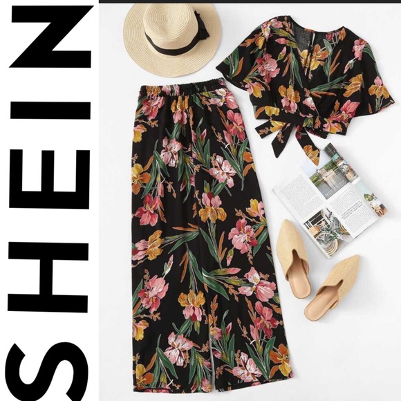SHEIN Pants - Shein floral black pant set beach blouse tie crop